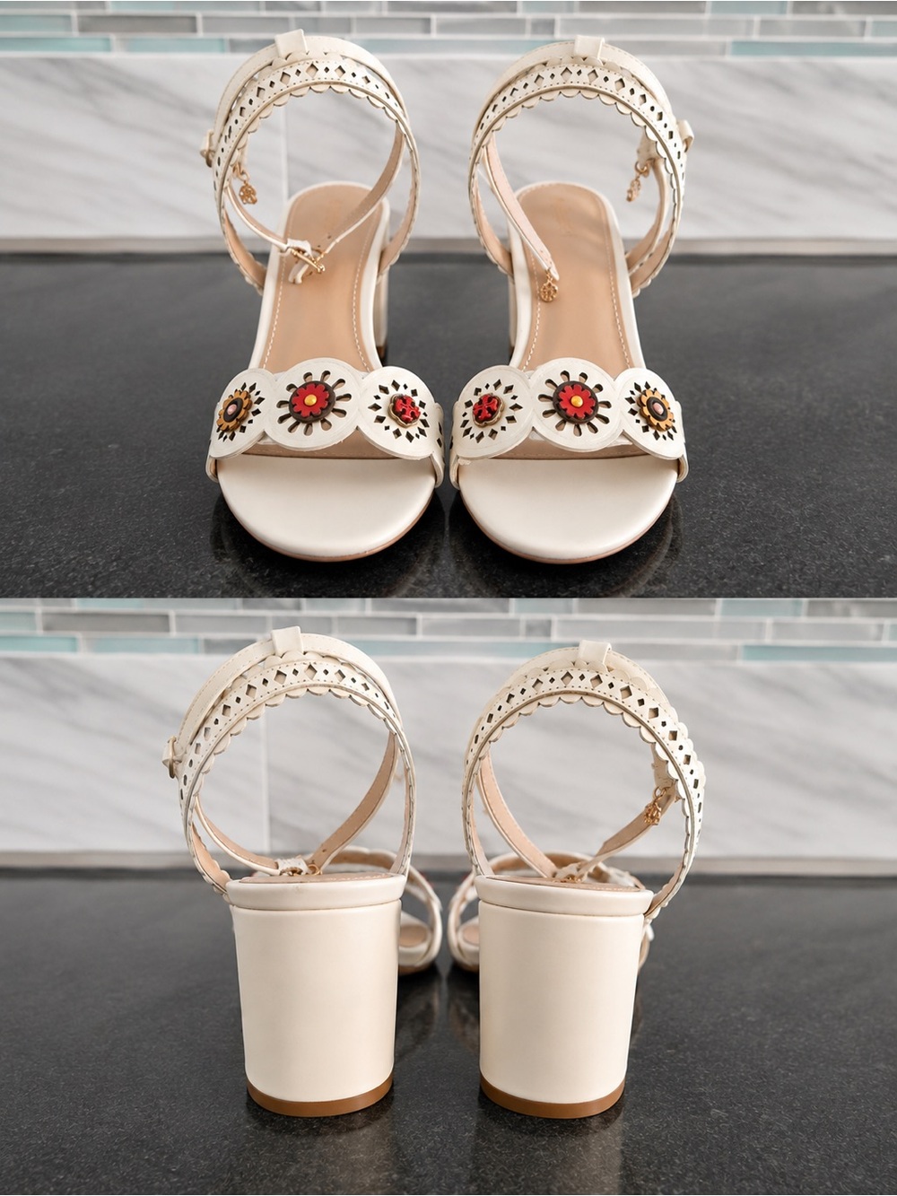 Tory Burch Cream Floral Cutout Block Heel Sandals with Red Accents